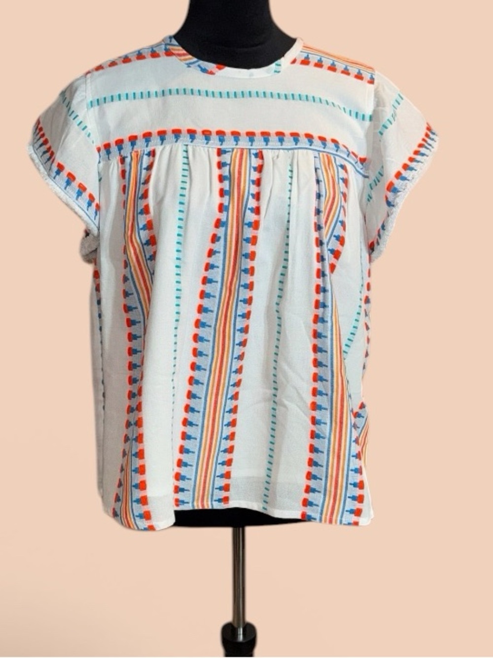 NWT Embroidered White Multicolor Stripe Cotton Blouse